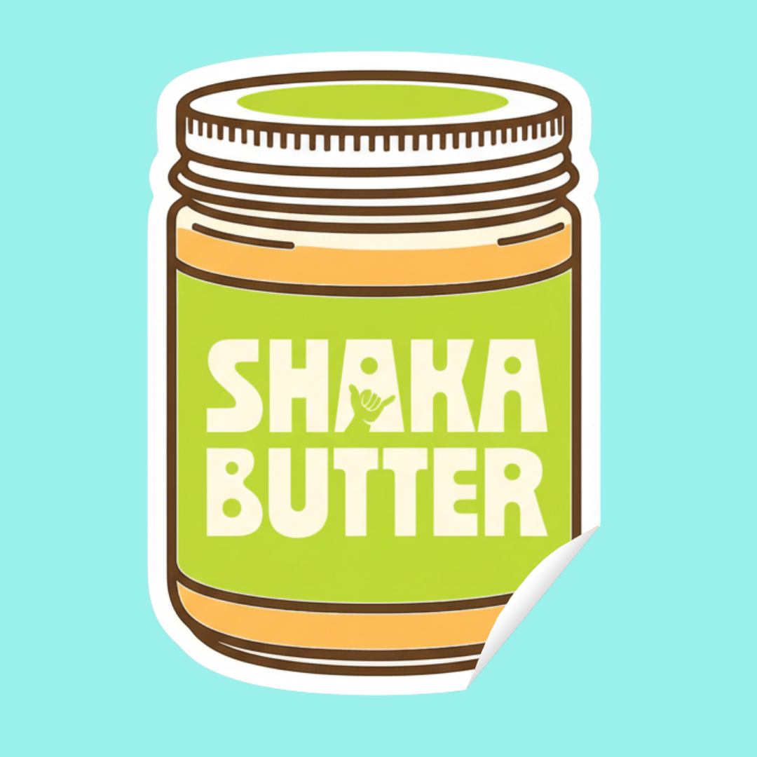 A sticker of an illustrated jar of Shaka Butter