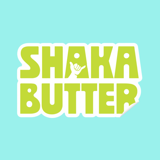 A sticker of the Shaka Butter logo
