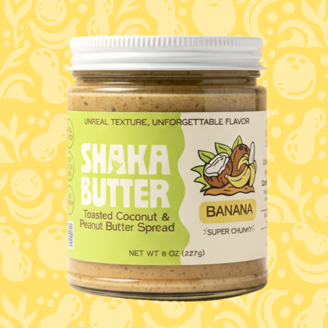 A jar of Banana Shaka Butter on a yellow patterned background