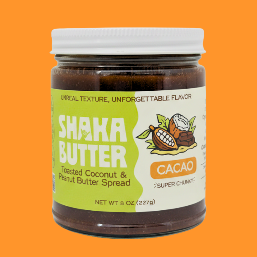 A jar of Cacao Shaka Butter on an orange background