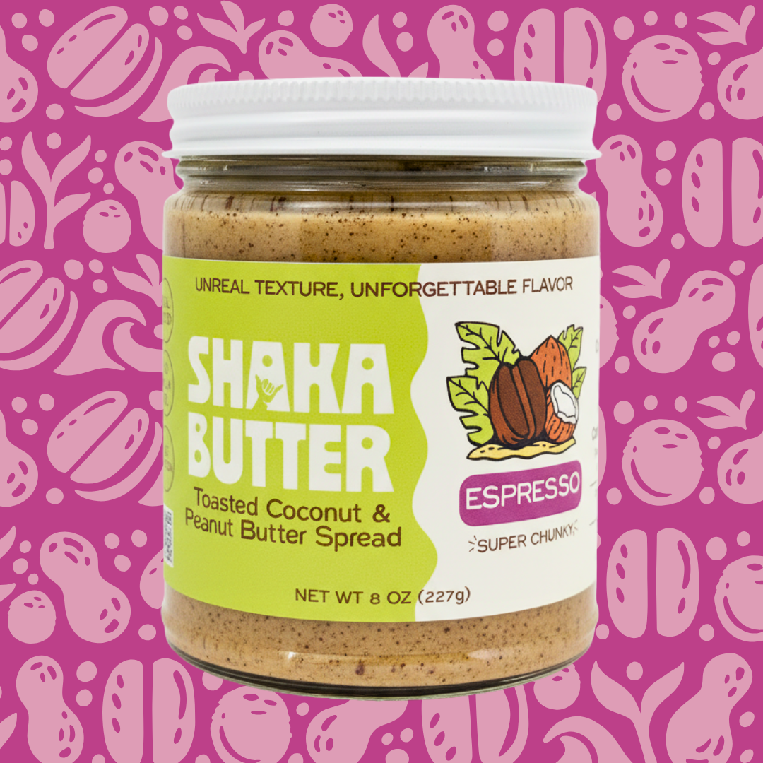 A jar of Espresso Shaka Butter on a pink patterned background