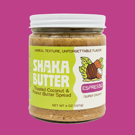 A jar of Espresso Shaka Butter on a pink background