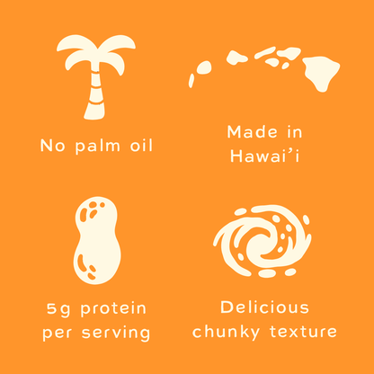 Product features on an orange background with icons and text.