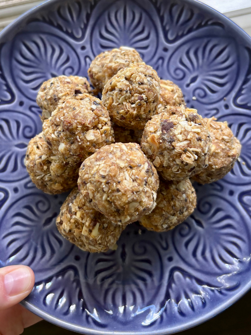 Energy bites on a blue plate