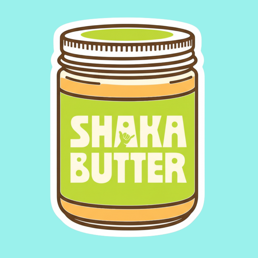 A sticker of an illustrated jar of Shaka Butter
