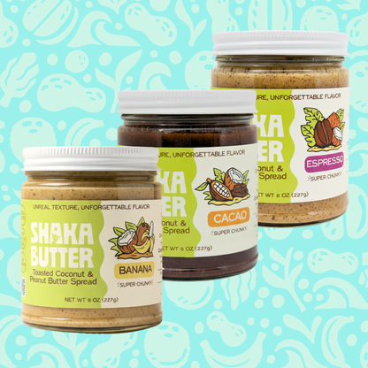 Three jars of Shaka Butter, one per flavor, on a light blue patterned background