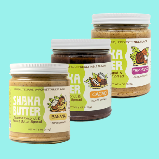 Three jars of Shaka Butter, one per flavor, on a light blue background