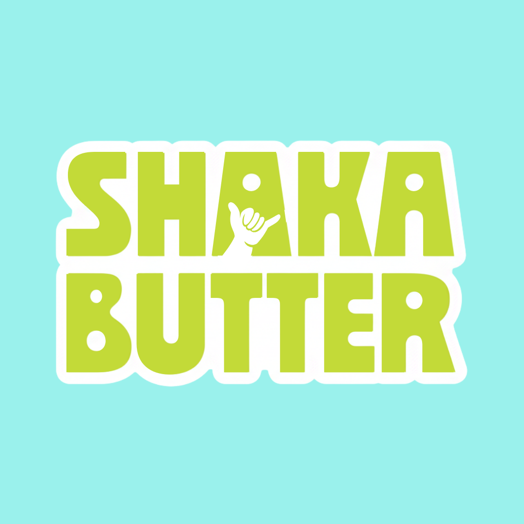 A sticker of the Shaka Butter logo